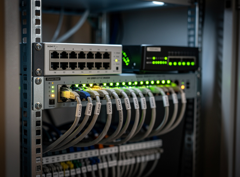 Managed network switch with VLAN configuration isolating IoT smart home devices on a separate subnet