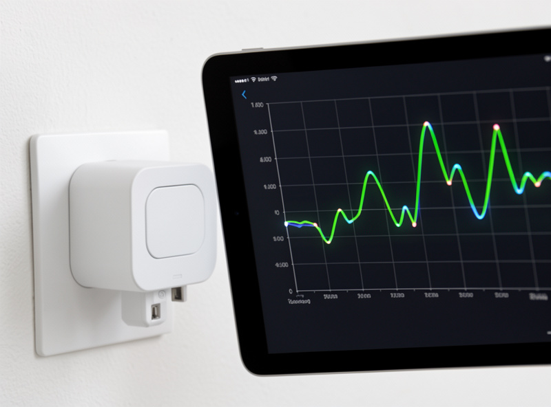 Energy-monitoring smart plug with a tablet showing a live appliance power curve in a utility room