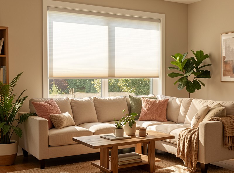 Living room with motorized cellular shades partly lowered against afternoon sun