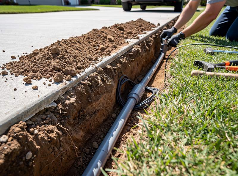 Buried magnetic vehicle probe being installed in a shallow trench beside a driveway
