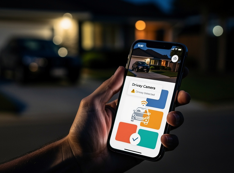 Smartphone showing a driveway camera notification with a vehicle detected at night