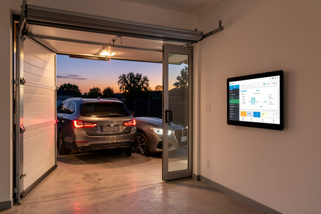 Smart garage at dusk with door partly open and an automation dashboard on a wall tablet