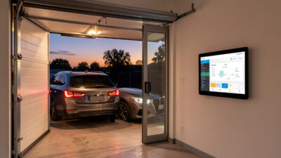 Smart garage at dusk with door partly open and an automation dashboard on a wall tablet
