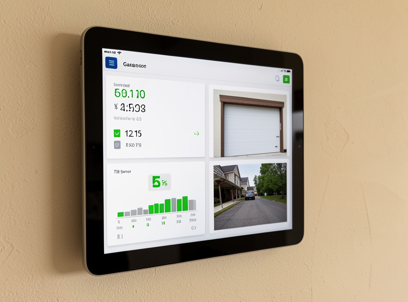 Home Assistant dashboard showing garage door state, tilt sensor, and camera feed on a wall-mounted tablet