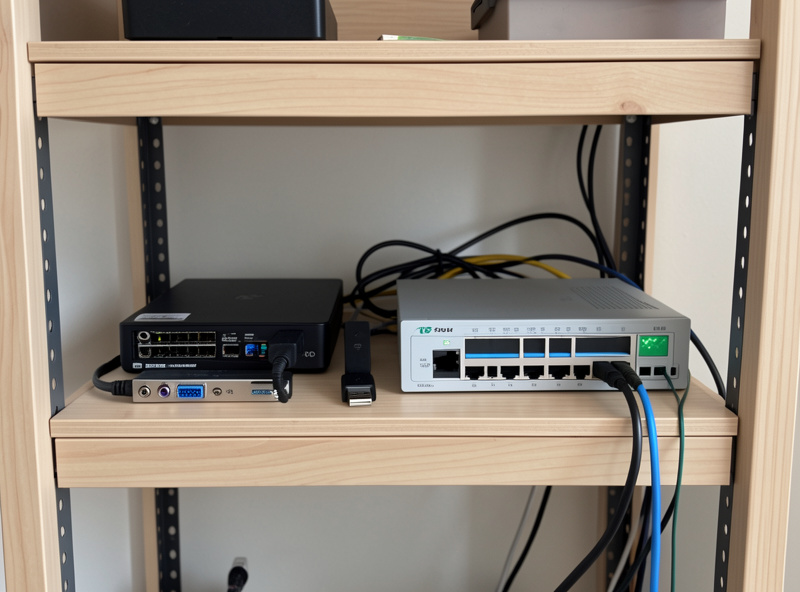 Network rack with Home Assistant mini-PC, Zigbee coordinator, and PoE switch feeding garage devices