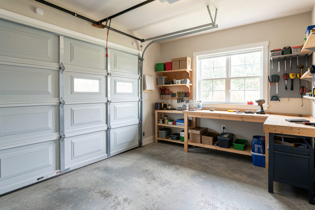 Home garage interior with wireless door, presence and leak sensors