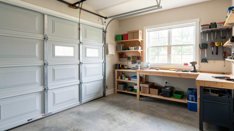 Home garage interior with wireless door, presence and leak sensors