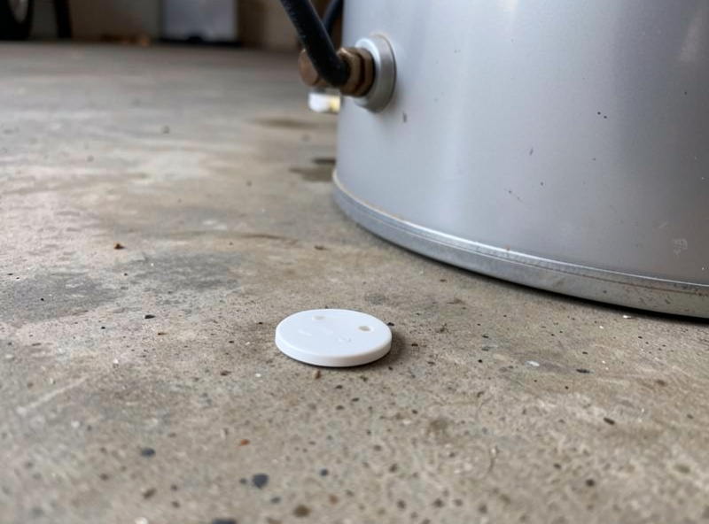 Small leak sensor placed on a garage floor near a water heater