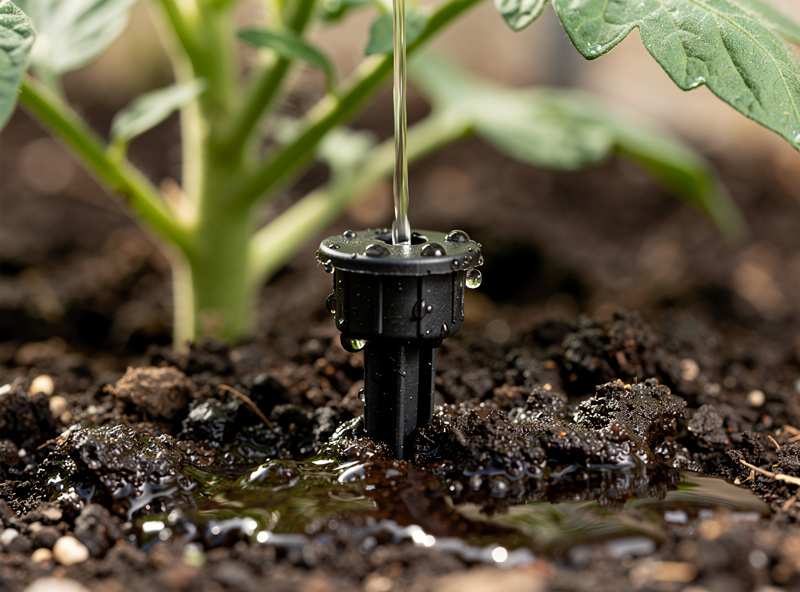 Drip irrigation emitter watering the base of a tomato plant in dark soil