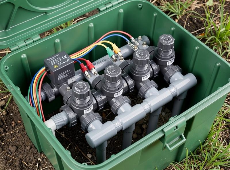 Smart irrigation valve manifold with solenoid valves and low-voltage wiring in a garden valve box