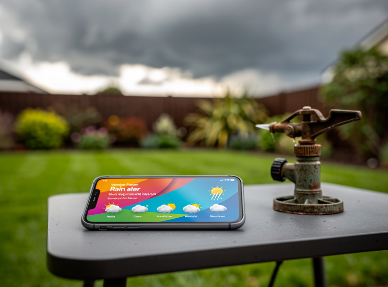 Phone showing a rain-forecast alert beside a garden sprinkler switched off under an overcast sky