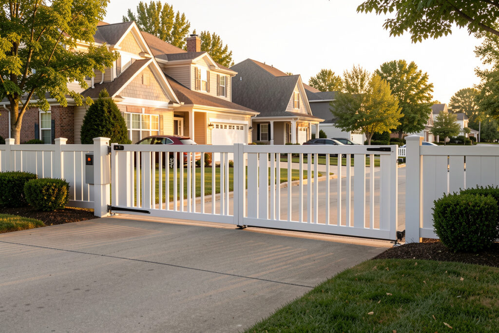 Automated residential sliding driveway gate in late afternoon light