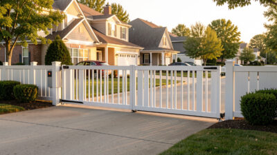 Automated residential sliding driveway gate in late afternoon light