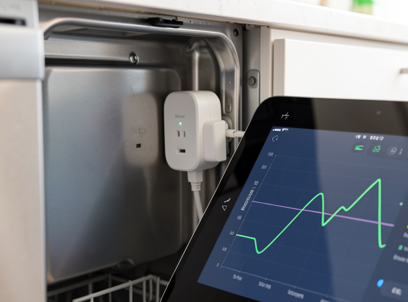 Energy-reporting smart plug behind a kitchen dishwasher with a Home Assistant power graph on a tablet