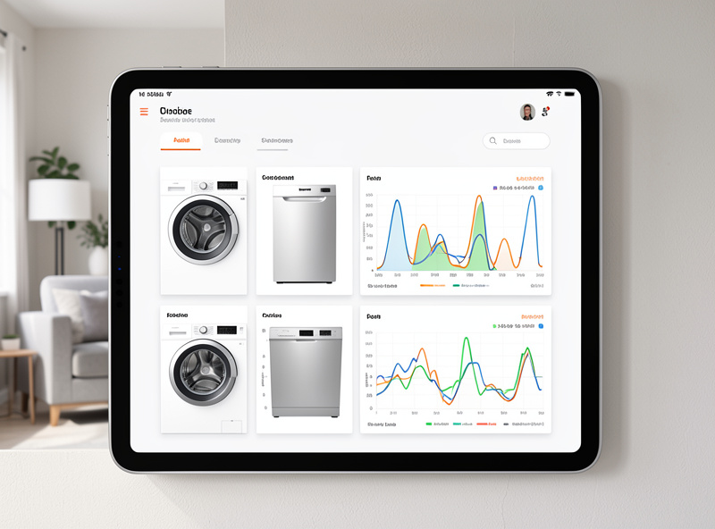 Home Assistant dashboard showing washer, dryer, dishwasher and refrigerator entities with energy graphs