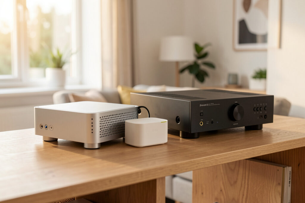 Local-first smart home audio rack with a Home Assistant mini-PC, network streamer, and AV receiver