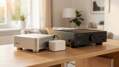 Local-first smart home audio rack with a Home Assistant mini-PC, network streamer, and AV receiver