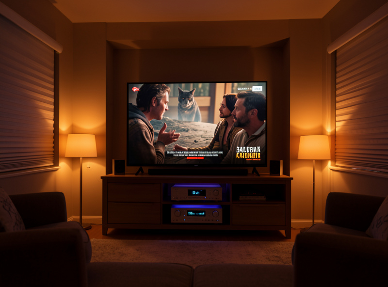 Living room home theater running a movie scene with dimmed lights and an AV receiver