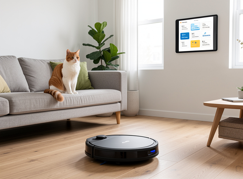 A robot vacuum running in a living room while a cat watches from a sofa, an automation dashboard on a nearby tablet