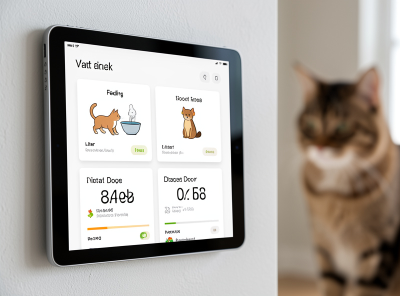 A wall-mounted tablet showing a pet automation dashboard with feeding, litter, and door status cards, a cat in the background