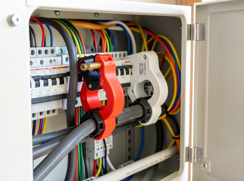 Current transformer CT clamp sensors installed around electrical cables inside an open residential breaker panel
