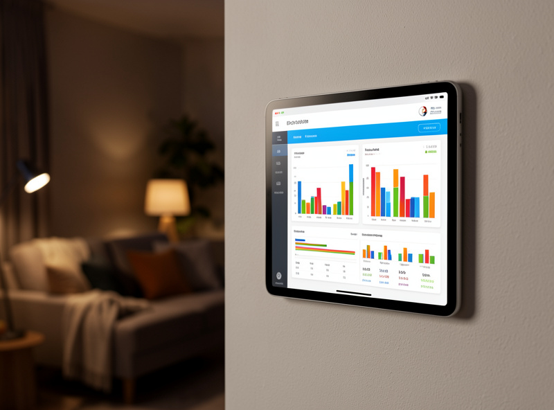 Wall-mounted tablet displaying a home energy monitoring dashboard with consumption bar graphs