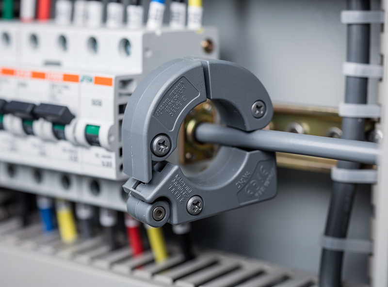 Split-core CT clamp sensor clipped around a single hot wire at a circuit breaker terminal inside an electrical panel