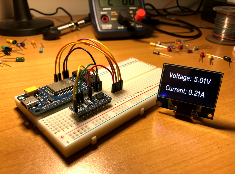ESP32 development board with ADS1115 ADC module on breadboard showing power readings