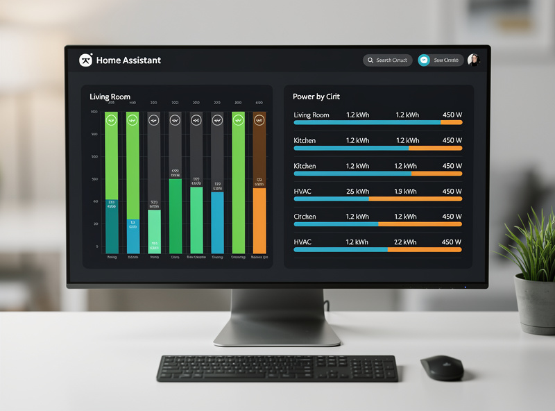 Home Assistant energy dashboard showing circuit-by-circuit power breakdown with bar charts