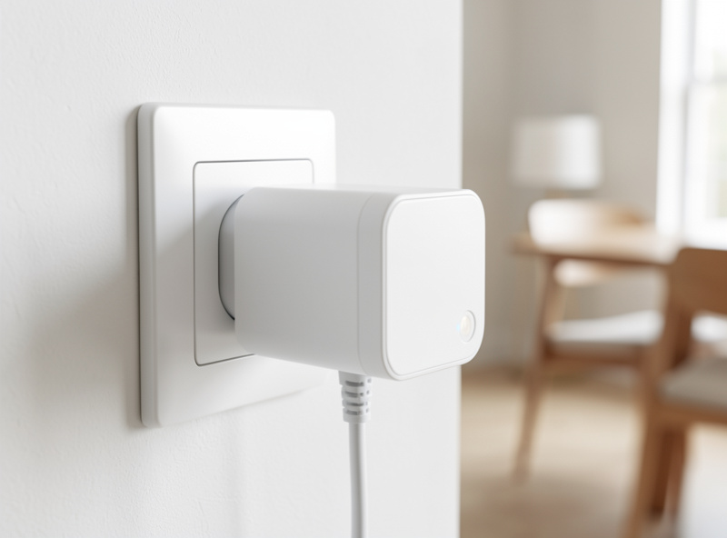 White energy-monitoring smart plug plugged into a wall outlet powering an appliance cord