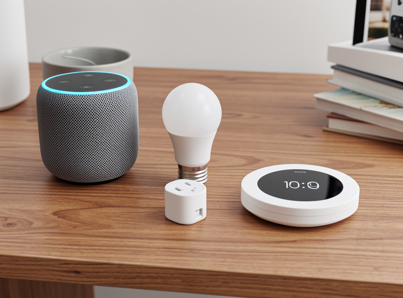 Smart home equipment layout on a desk