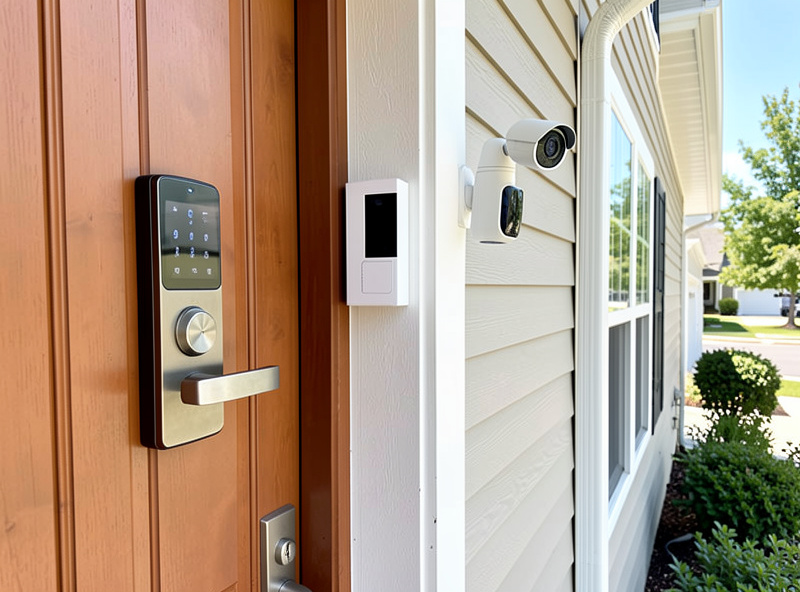 Smart lock and doorbell at a front entrance