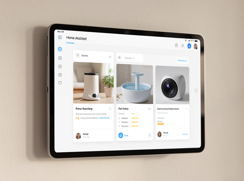 Home Assistant dashboard on a wall tablet showing pet feeder, water fountain, and camera automation cards