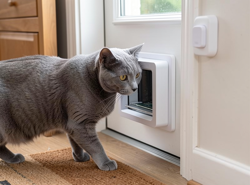 Cat walking through a microchip pet door with a Zigbee contact sensor mounted on the frame