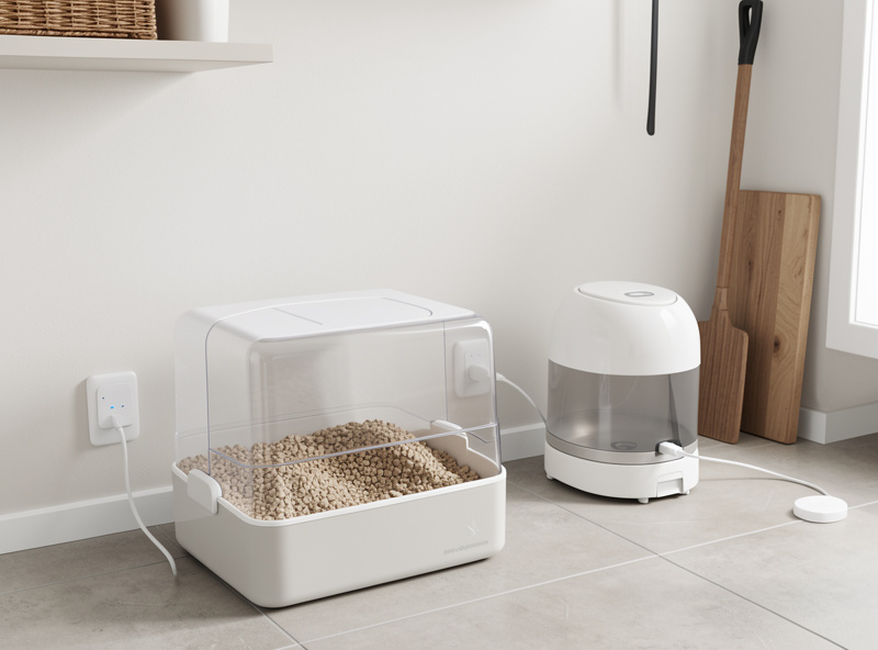 Self-cleaning litter box and automatic feeder plugged into energy-monitoring smart plugs in a utility room