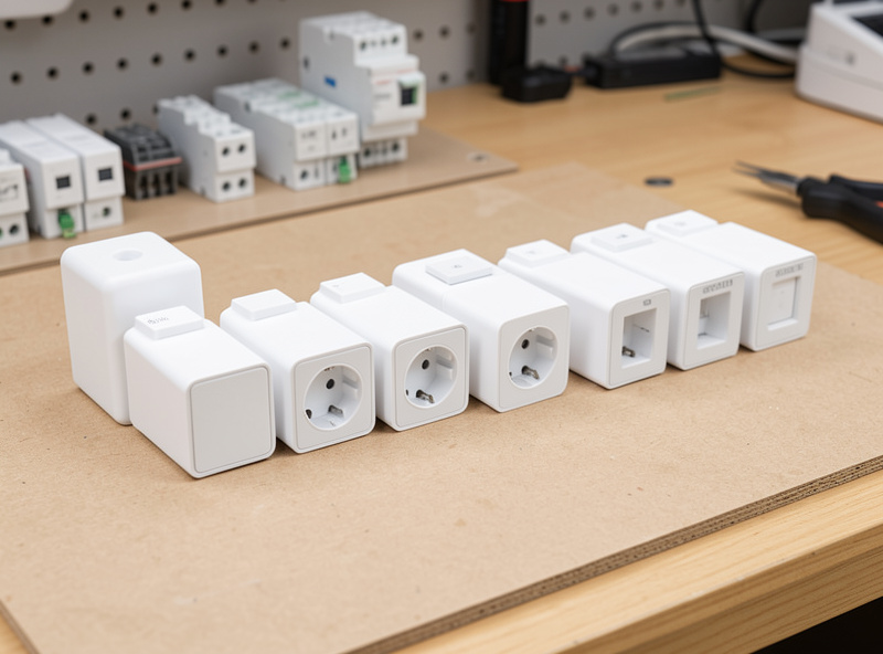 A row of energy-reporting smart plugs and in-wall relays, the local-control building blocks of a private smart home
