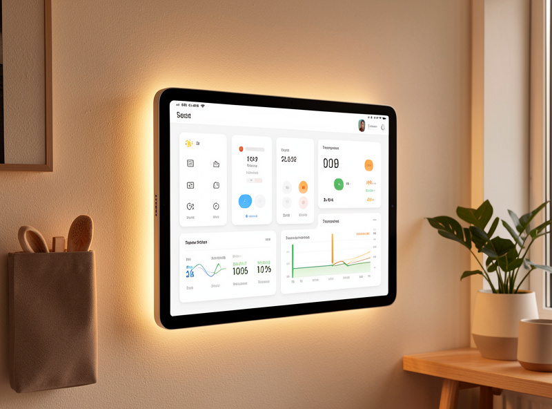 Smart home dashboard on a wall-mounted tablet showing lighting, temperature, and energy controls in a modern living room