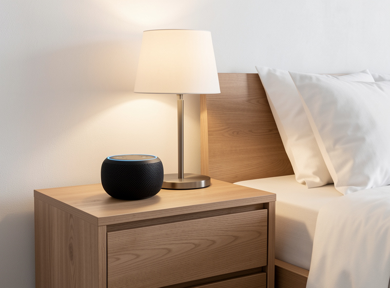 Amazon Echo Dot smart speaker on a wooden nightstand beside a lamp, warm bedroom lighting