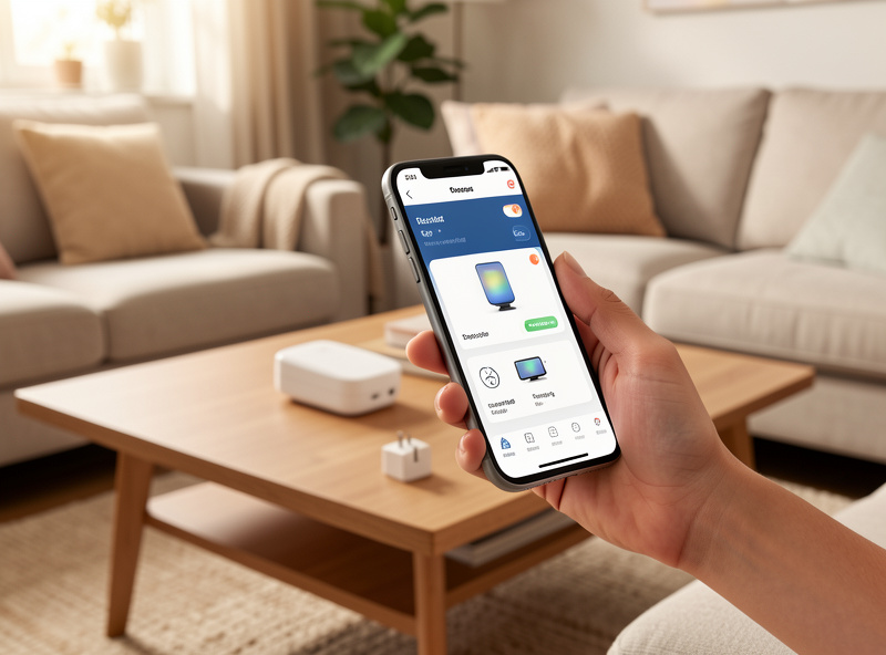 Person using a smartphone app to control smart home lighting and automation routines in a cozy living room