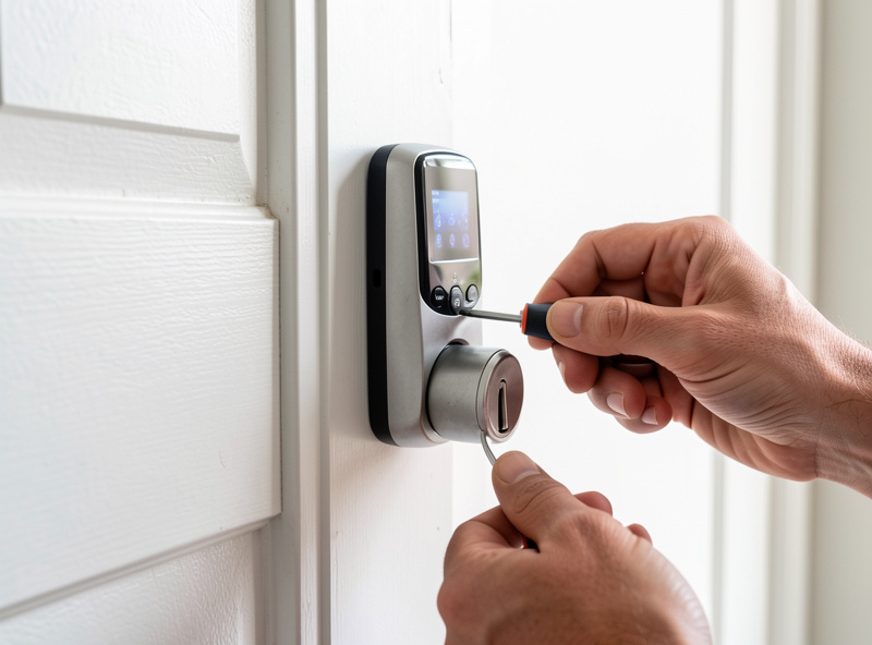 A retrofit smart lock installed over an existing deadbolt thumb-turn on a rented apartment door