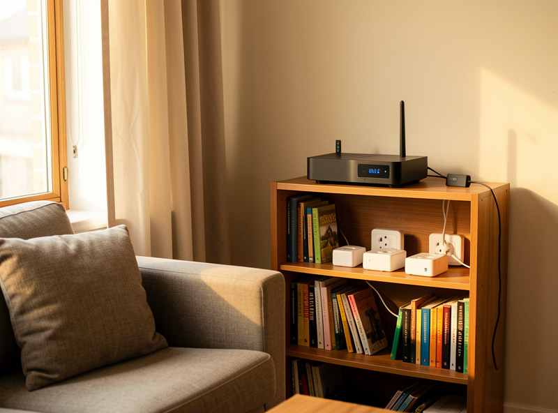 A small home automation hub mini-PC and Zigbee coordinator on a bookshelf in a rented apartment