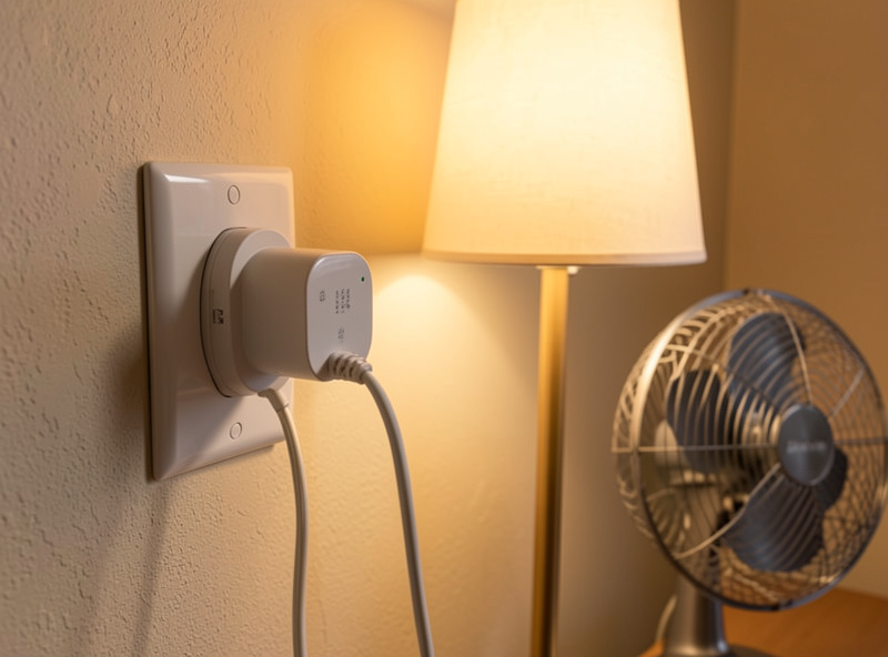 Energy-reporting smart plugs powering a lamp and a fan in a rented apartment with no wiring changes