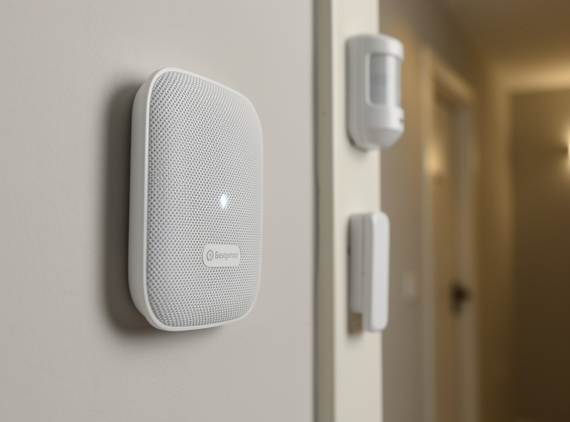 Mesh WiFi node mounted on a wall near smart home sensors and a hub