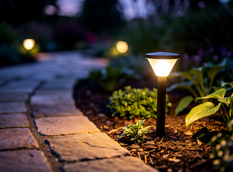 Warm low-voltage path light glowing beside a stone walkway in a garden bed at twilight