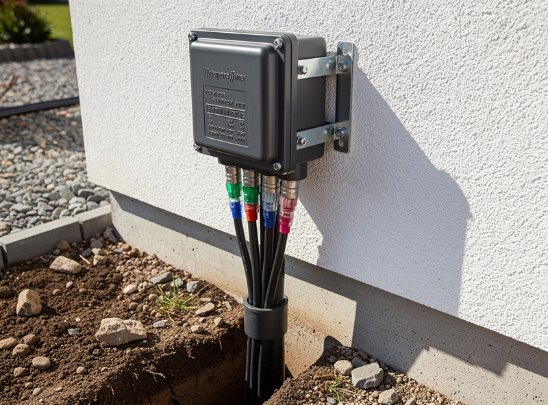 Low-voltage lighting transformer on an exterior wall with waterproof connectors and buried cable runs