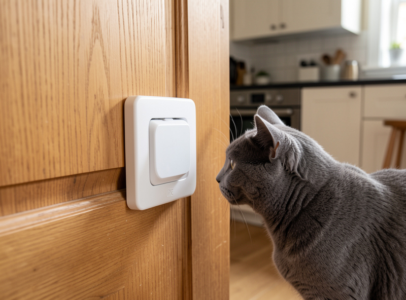 White microchip cat door installed in a back door, a cat approaching it from inside the house
