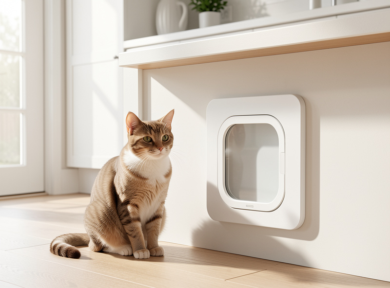 A cat sitting calmly beside an installed microchip pet door in a bright kitchen