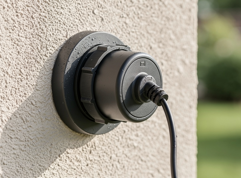 Weatherproof IP65 outdoor smart plug mounted on an exterior wall with cable gland visible