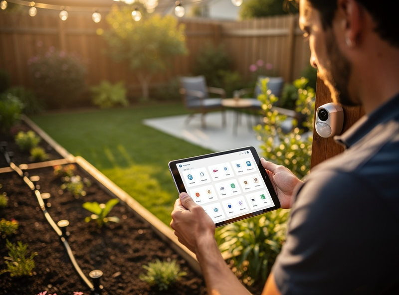 Homeowner reviewing an outdoor smart home dashboard on a tablet in the backyard at golden hour