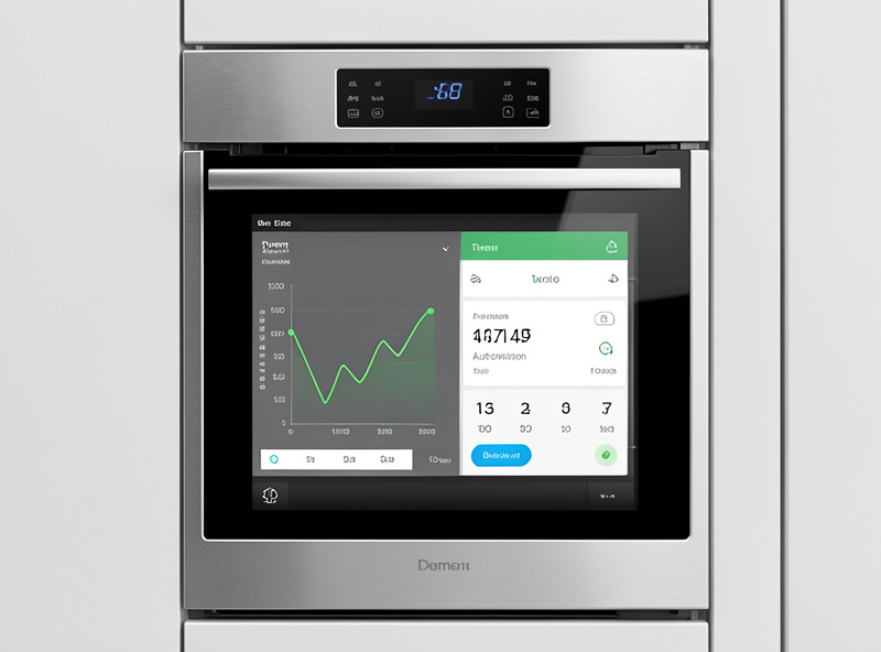 Wall oven in a modern kitchen with a tablet showing a power-draw graph and a timer automation